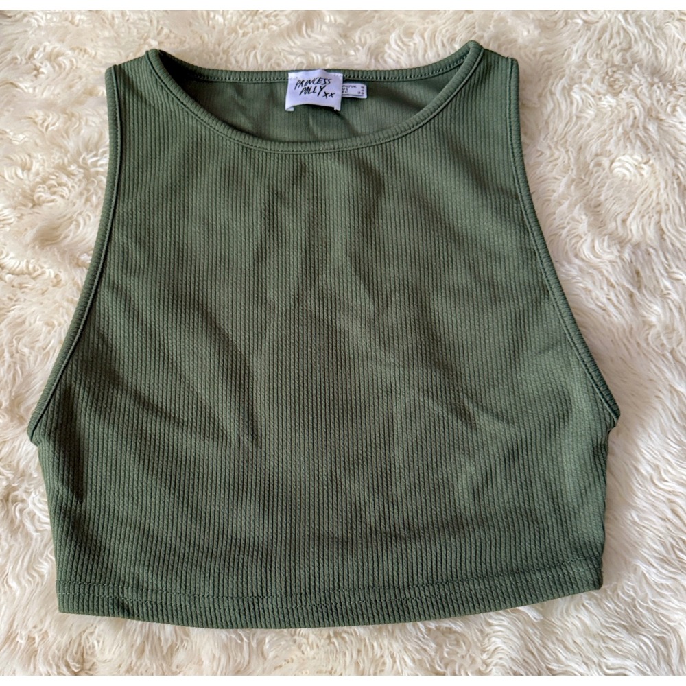 Princess Polly Crop Top Size 4 Green Ribbed High Neck Sleeveless Festival Earthy